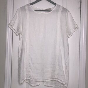 Laura Bianchi L 100% Linen Top White Italy Lace Button Back Boho Lagenlook Beach